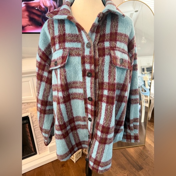 LA MIEL Oversized Checkered Jacket in Light Blue and Burgundy/Brown - Picture 1 of 8